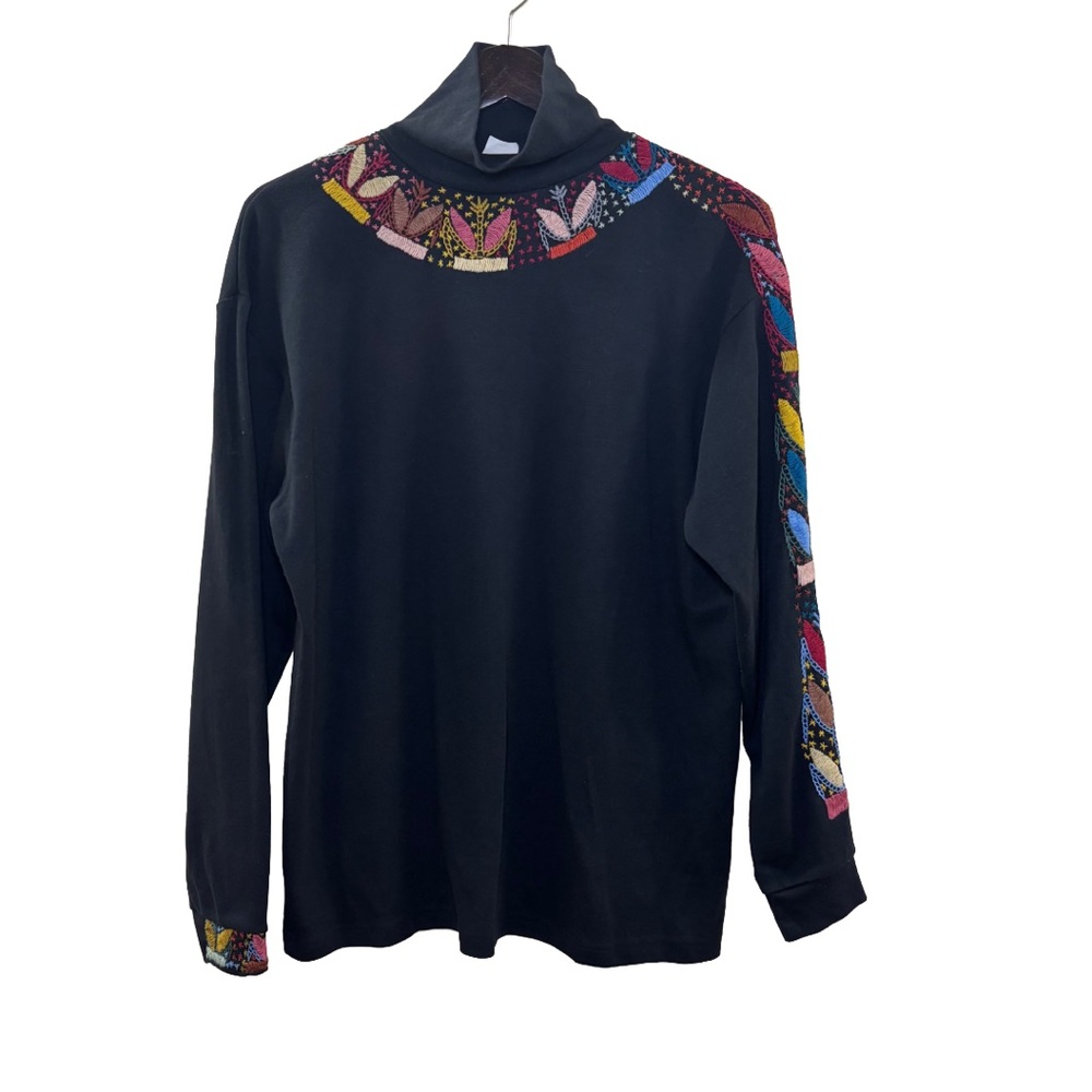 Turtleneck Long Sleeve Top with Embroidered Details Black Size Extra Large XL